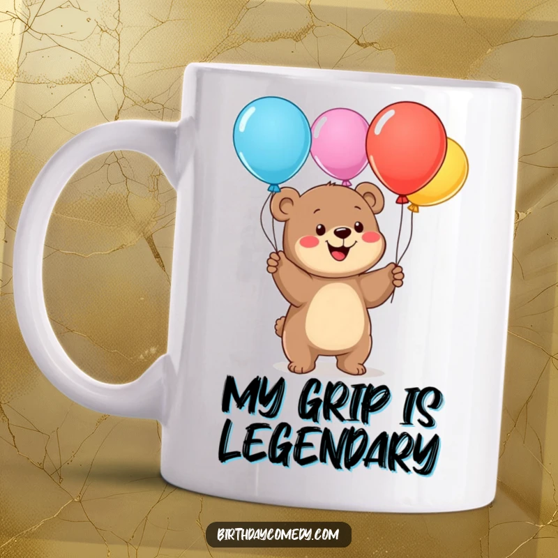 Funny bear cub mug with a big smile, joyfully juggling colorful balloons, perfect for a whimsical and cheerful gift.