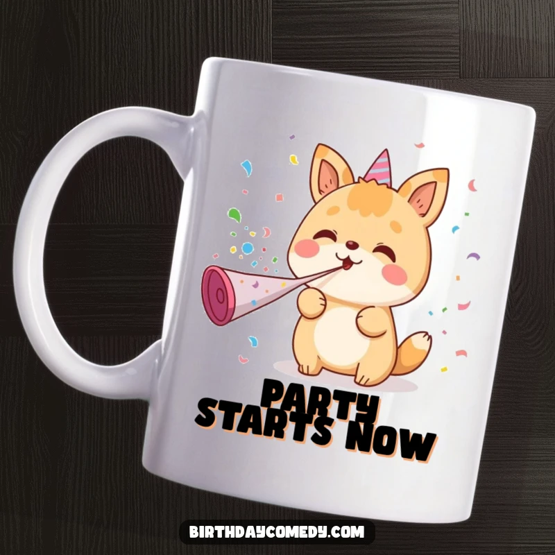 Funny mug showing a kawaii animal character joyfully blowing a party horn, creating a delightful explosion of colorful confetti.