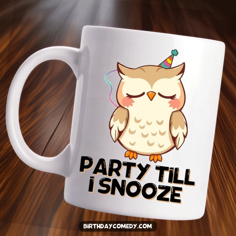 Funny Mug featuring a cute, sleepy owl wearing a colorful party streamer, happily nodding off, embodying gentle festivity.
