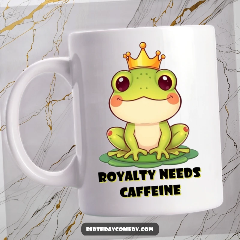 Funny Mug featuring a happy frog wearing a tiny crown, balancing a lily pad like a hat with a cheerful expression.