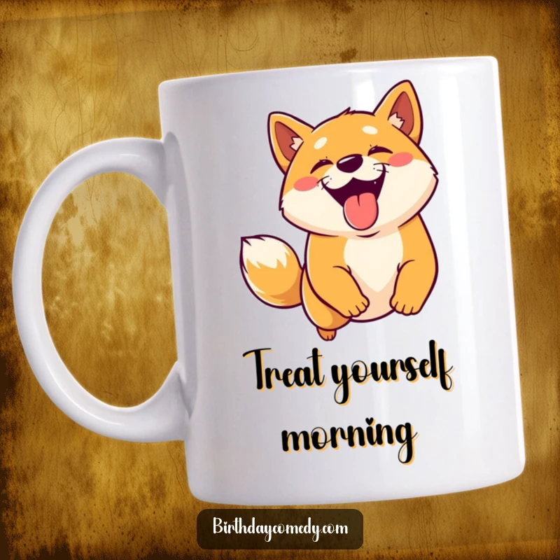 Funny Shiba Inu mug showing a joyful dog with its tongue out, leaping energetically towards a virtual treat on screen.
