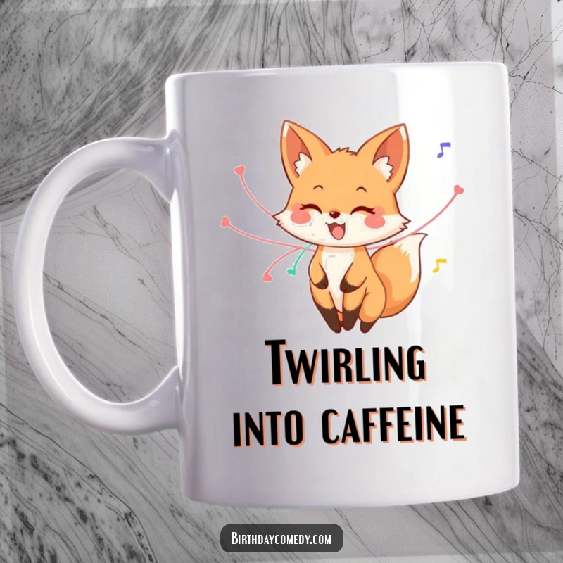 Funny fox mug, a happy character with streamers around its tail, joyfully twirling in celebration, pure whimsical delight.