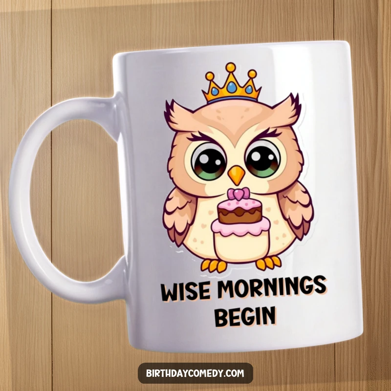 Funny owl mug, a cheerful bird with wide eyes, wearing a birthday crown, holding a tiny cake, ready to party.