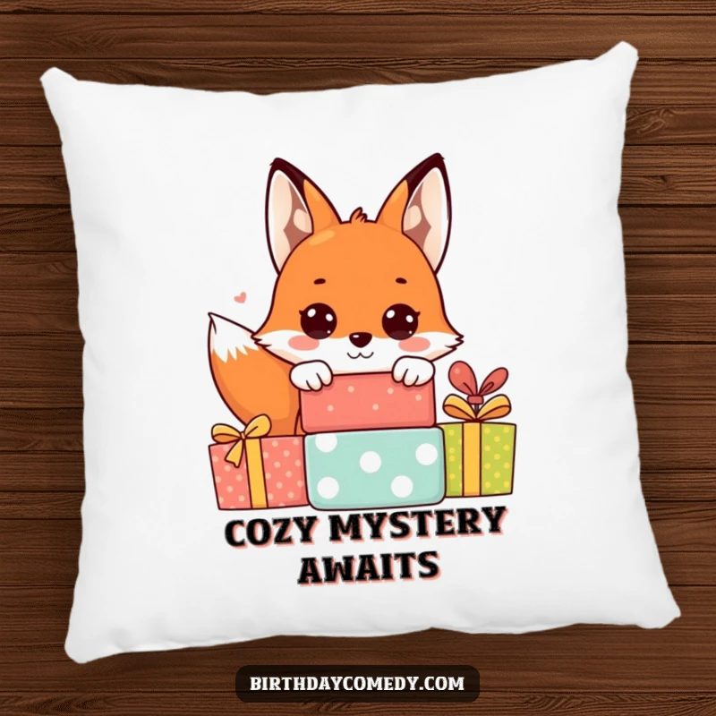 Funny fox pillow with a cheerful fox peeking from behind presents, big eyes conveying playful anticipation and sweetness.