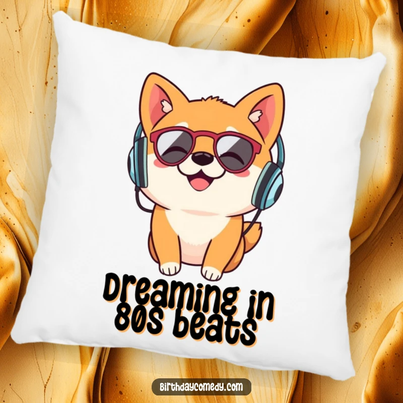 Funny Shiba Inu pillow, retro headphones, head bobbing, music listening dog, cozy decorative cushion.