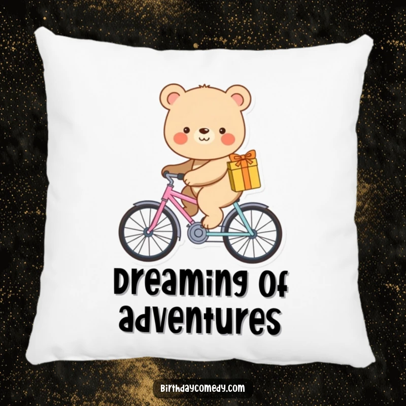 Funny pillow featuring a smiling bear riding a miniature bicycle with a gift.