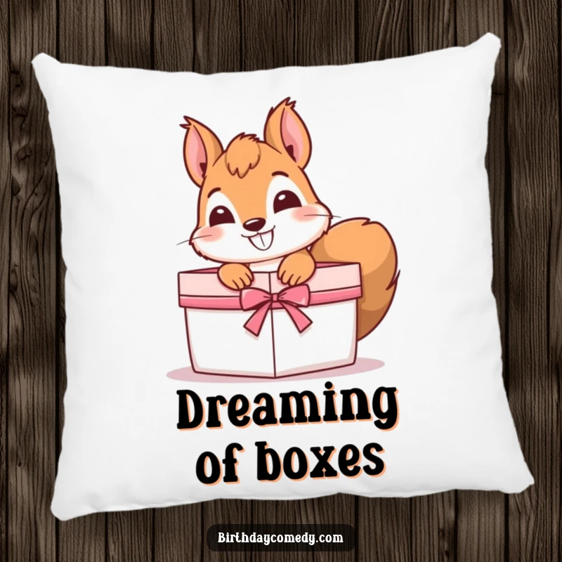 Funny Pillow showcasing a curious squirrel with a grin, peeking out from a gift box, offering soft, whimsical comfort.