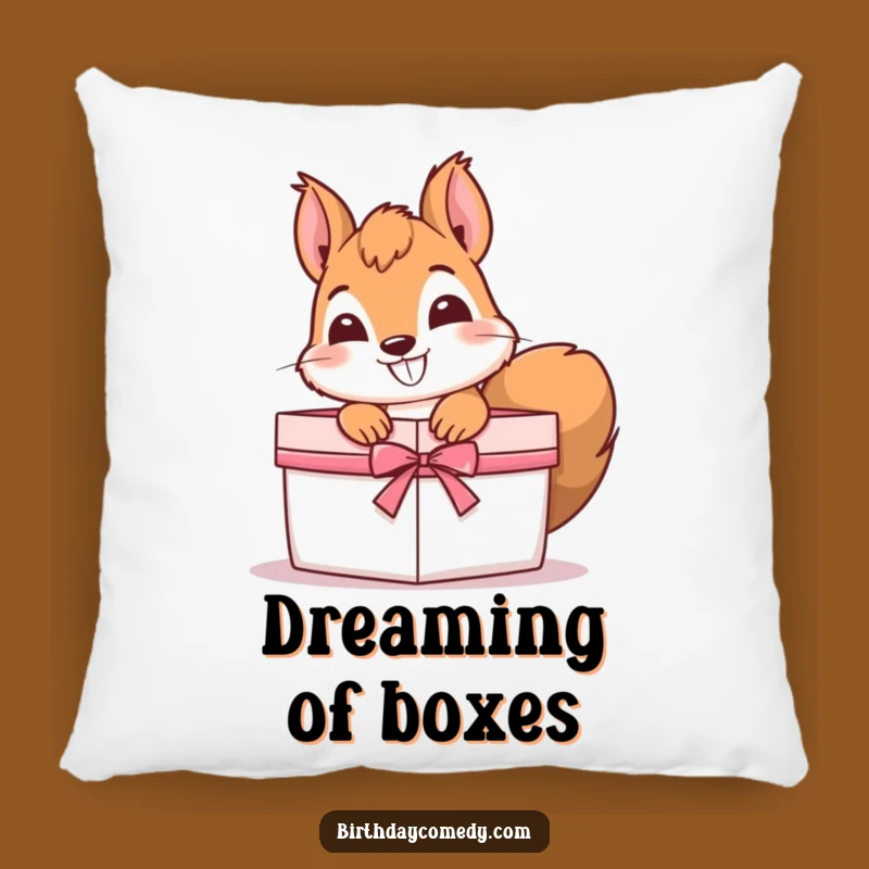 Funny Squirrel Pillow: Soft cushion with a squirrel peeking from a gift, a hilariously cozy accent for any home and a great gift.