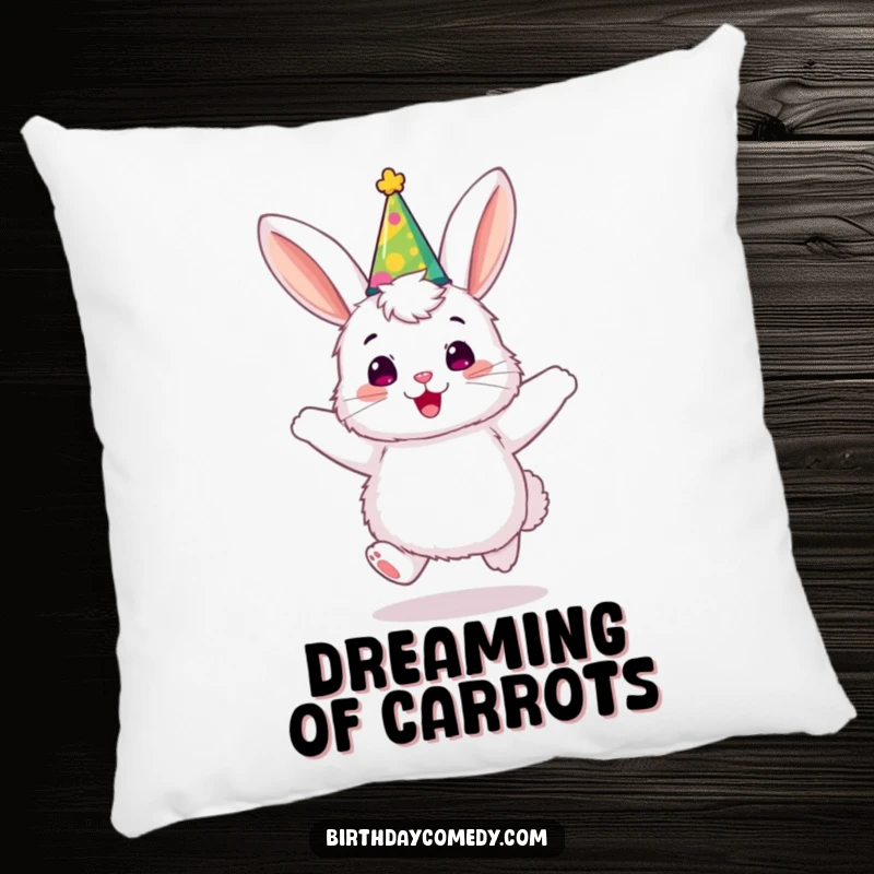 Funny bunny pillow, a fluffy character in a party hat, joyfully bouncing, adding a touch of playful comfort.