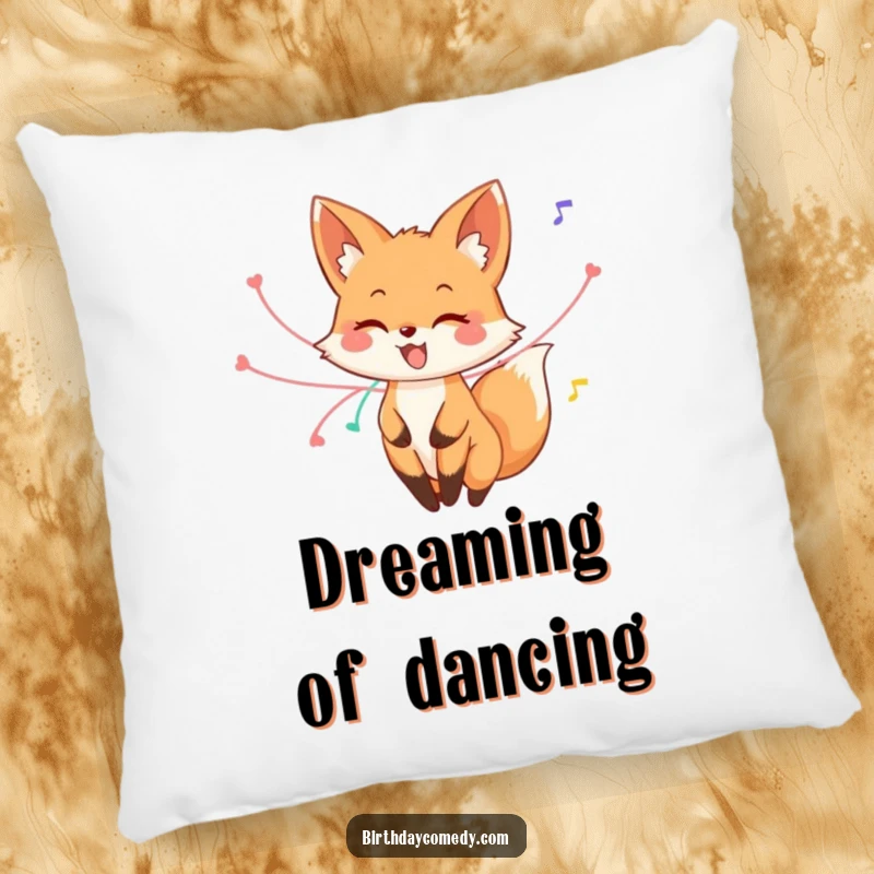 Funny fox pillow, a happy fox with streamers on its tail, mid-twirl, soft and huggable decor for festive fun.