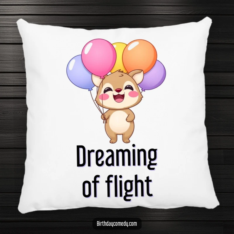 Funny pillow featuring a happy animal smiling widely and holding a bunch of bright, colorful balloons, for comfort.