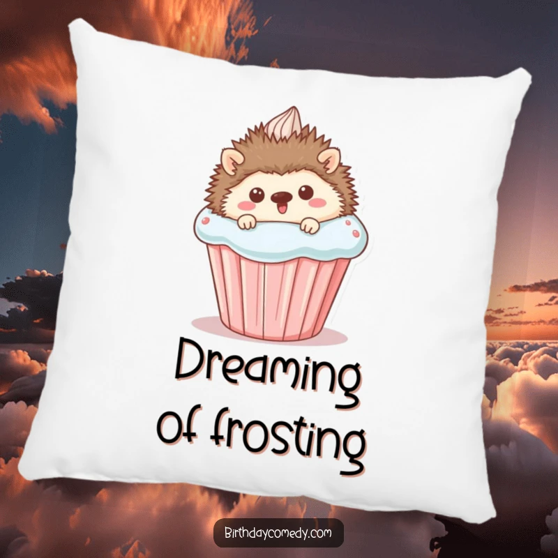 Funny Pillow featuring a happy hedgehog peeking from behind a giant cupcake, offering plush comfort and a dose of adorable humor to any space.