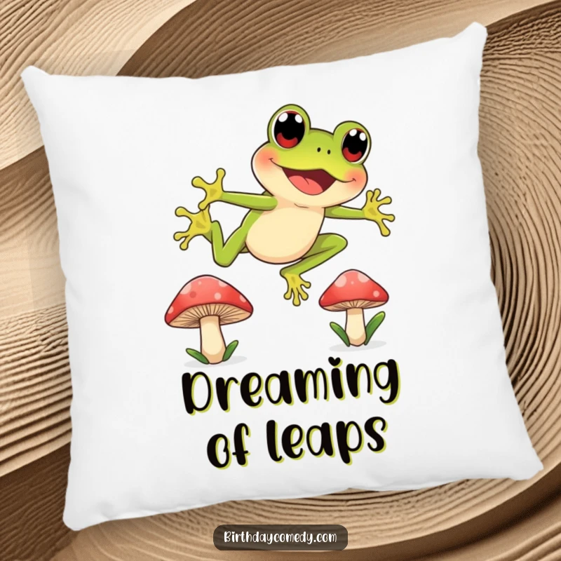 Funny pillow showcasing a joyful frog with wide, curious eyes leaping between mushroom caps, perfect for adding energetic charm.