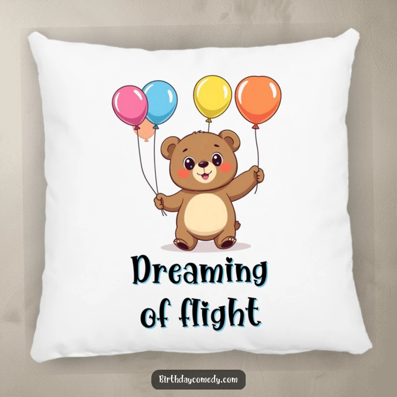 Funny bear pillow, a cheerful character with large eyes, joyfully juggling colorful balloons for maximum comfort.