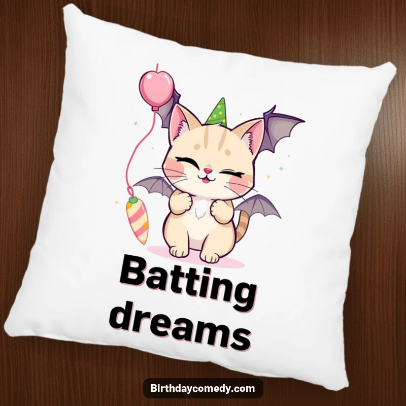 Funny pillow featuring a winking cat playfully batting at a dangling party streamer, adding charm to decor.