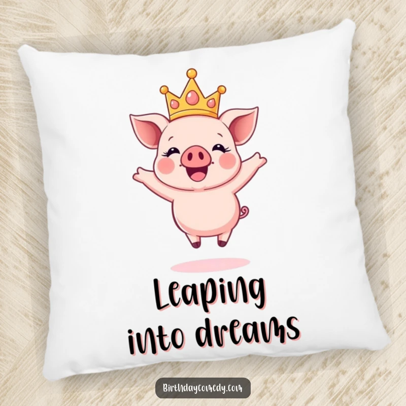 Funny pillow with a happy piglet wearing a sparkly crown, joyfully jumping mid-air, bringing cozy cheer.