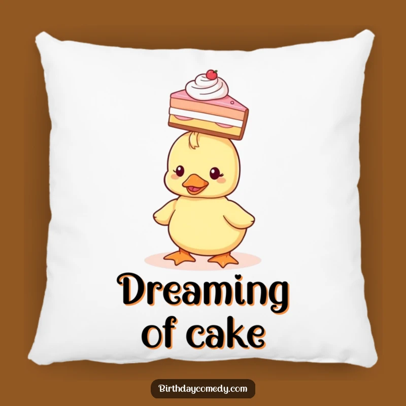 Funny Duckling Pillow: Soft cushion with a duckling balancing cake, a hilariously cozy accent for any home and a great gift.