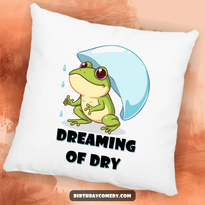 Funny frog pillow featuring a determined frog comically pushing a giant raindrop uphill, soft and hilariously motivational.