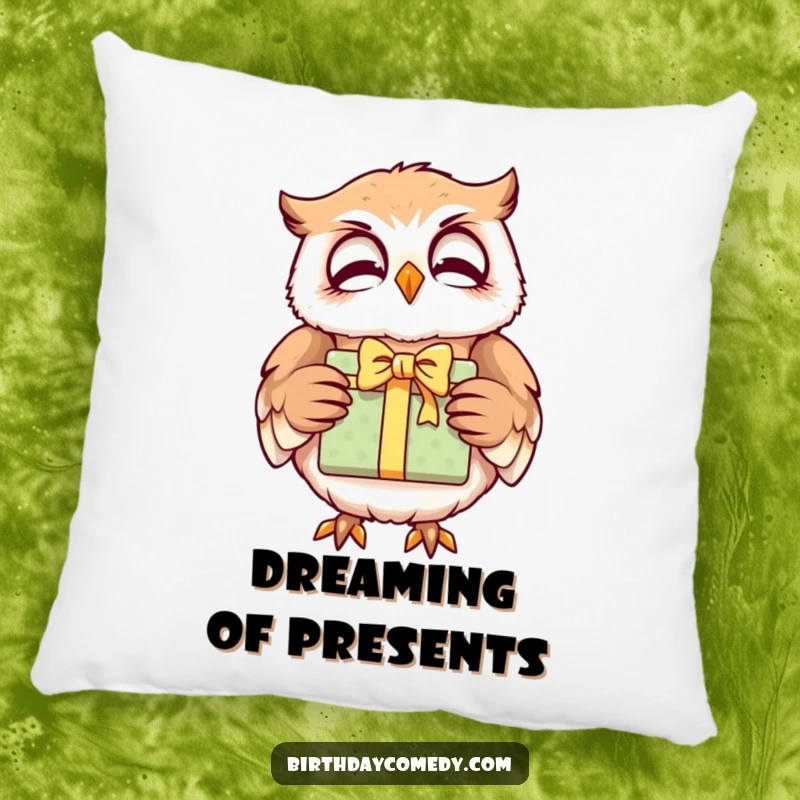 Funny owl pillow, a giggling character holding a gift, offering comfort and wise cheer.