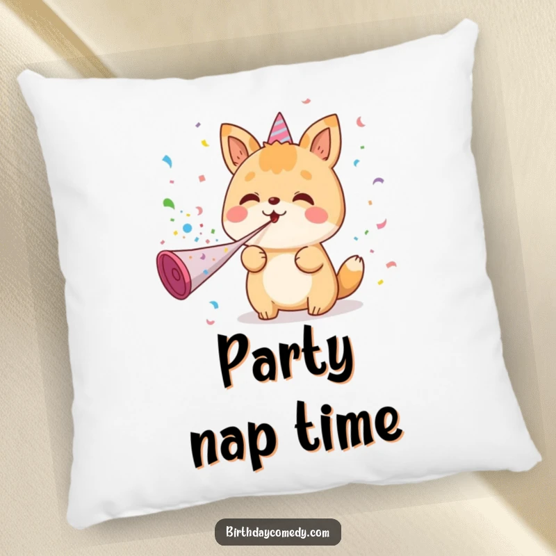 Funny pillow with a kawaii character blowing confetti from a party horn, offering soft comfort and a delightful dose of celebratory fun.