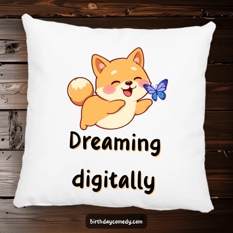 Funny pillow illustration of a happy Shiba Inu with a perky tail, chasing a glowing digital butterfly, bringing comfort.