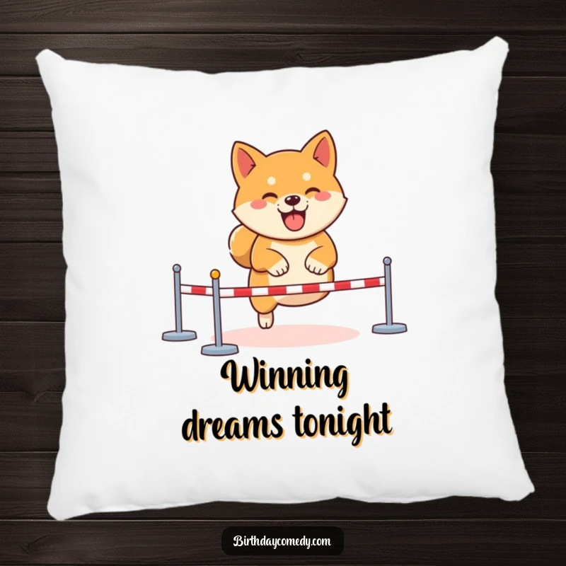 Funny Shiba Inu gamer pillow, determined virtual obstacle course, cozy gaming cushion, esports support, joyful player accessory.