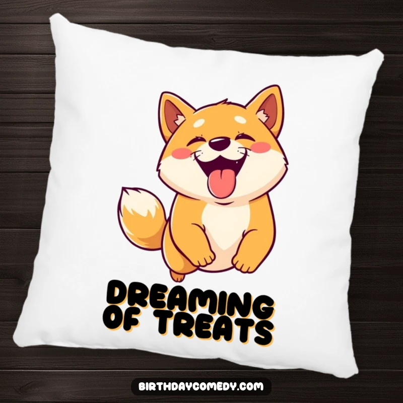 Funny Shiba Inu pillow featuring a joyful dog with tongue out, leaping enthusiastically for a virtual treat, embodying pure fun.