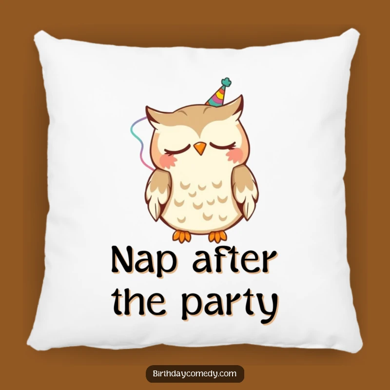 Funny Sleepy Owl Pillow: Soft cushion with a nodding owl in a streamer, a hilariously cozy accent for any home and a great gift.