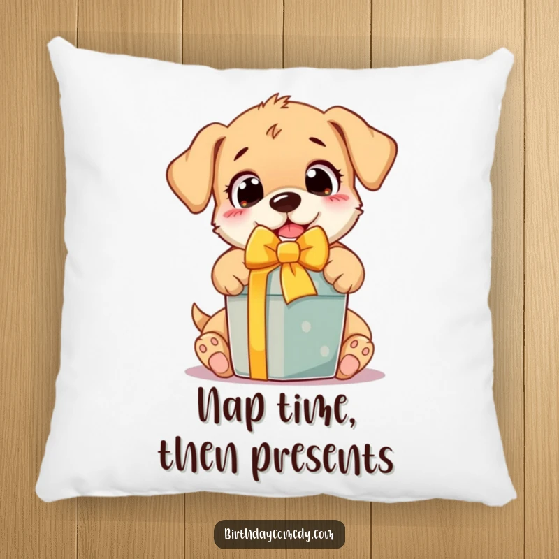 Funny Pillow showcasing an excited puppy with big, joyful eyes, eagerly unwrapping a brightly colored gift, offering plush comfort.