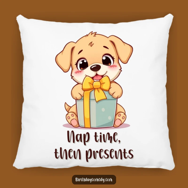 Funny Puppy Pillow: Soft cushion with an excited pup unwrapping a gift, a hilariously cozy accent for any home and a great gift.