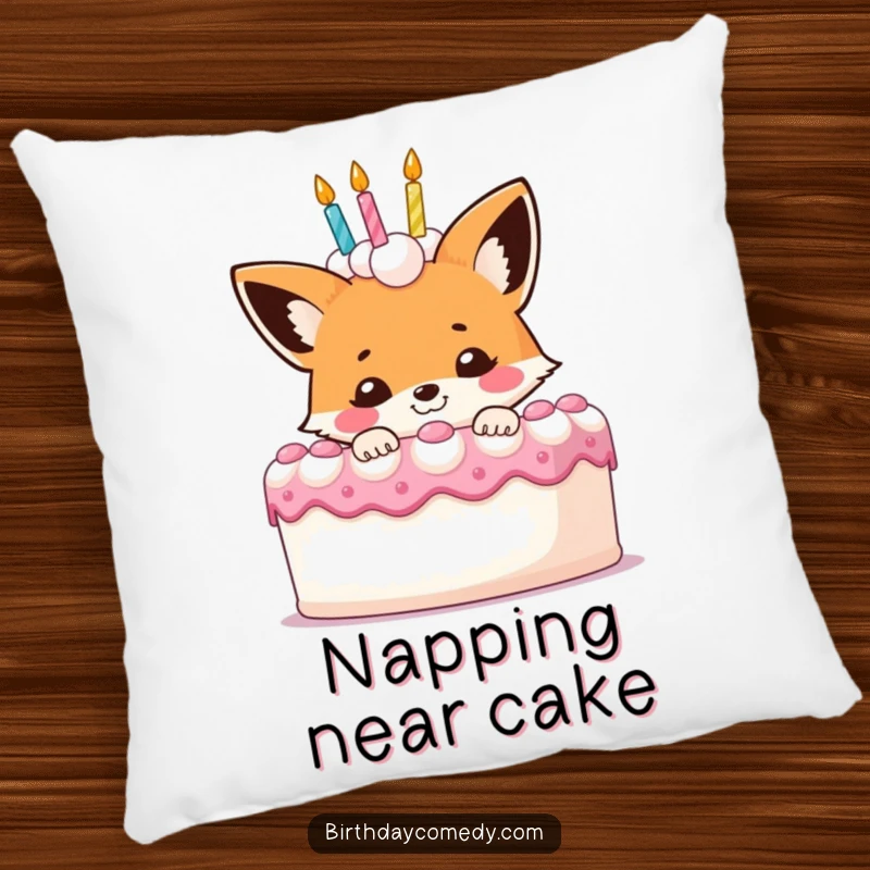 Funny fox pillow, a smiling character peeking behind a large birthday cake, offering comfort and charm.
