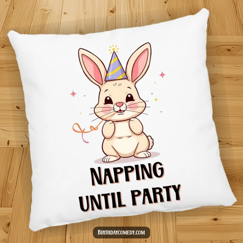 Funny pillow with a cheerful bunny in a party hat blowing a streamer with determined focus, bringing cozy celebration.