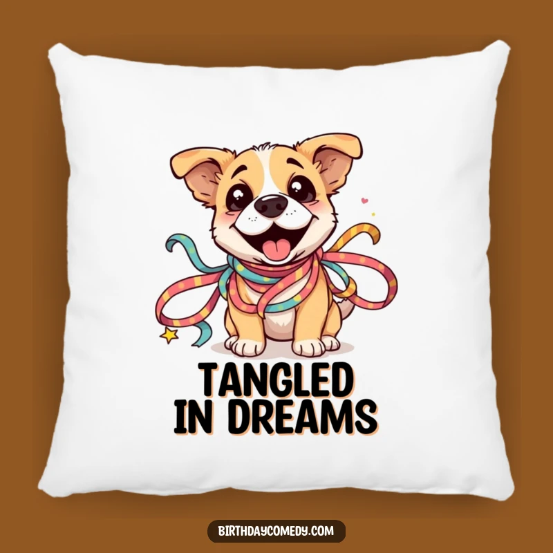 Funny Dog Ribbon Pillow: Silly Dog in Festive Ribbons, Cozy Humorous Decor Gift
