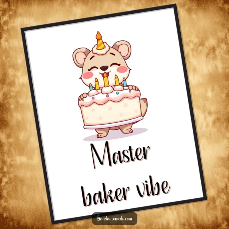 Funny digital art print of a stylized animal gleefully presenting a giant, frosted birthday cake, for decor.