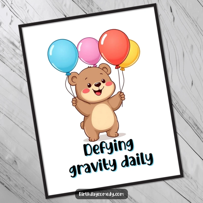 Funny bear cub digital art print, a happy cub mid-juggle with colorful balloons, vibrant and whimsical decor for instant smiles.