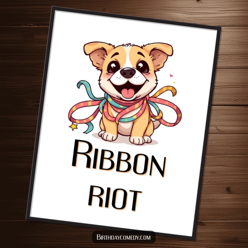Funny Dog Ribbon Digital Art Print: A silly dog joyfully entangled in colorful festive ribbons, printable humor.