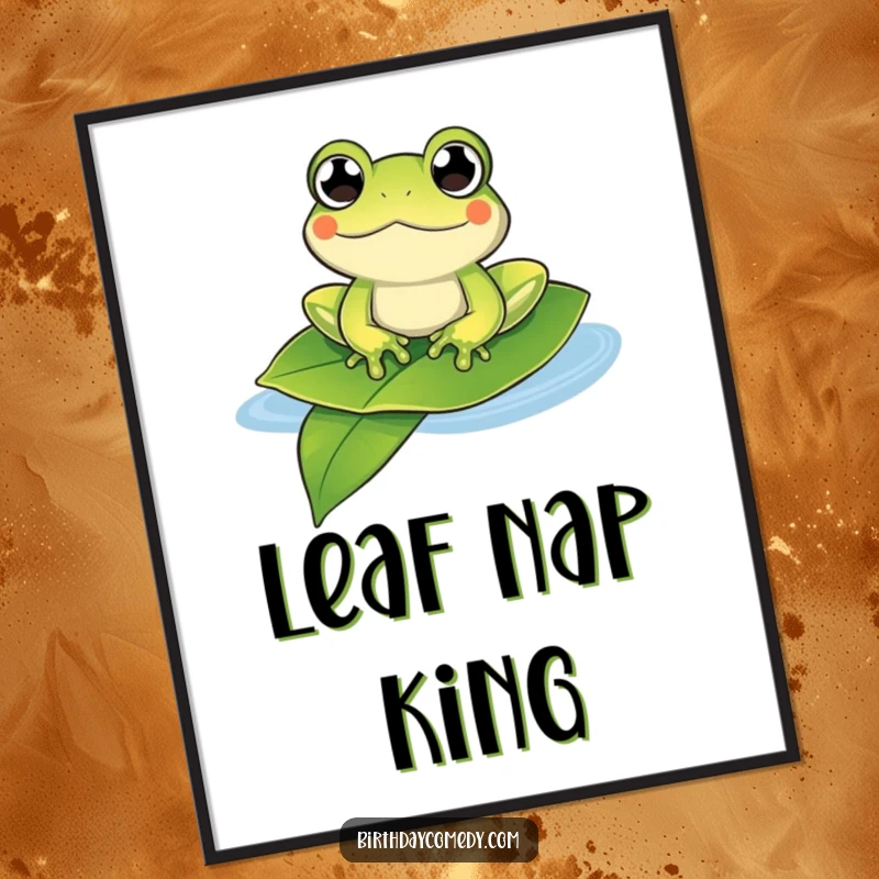 Funny frog digital art print showing a content frog with bulging eyes floating on a leaf, instant serene humor.