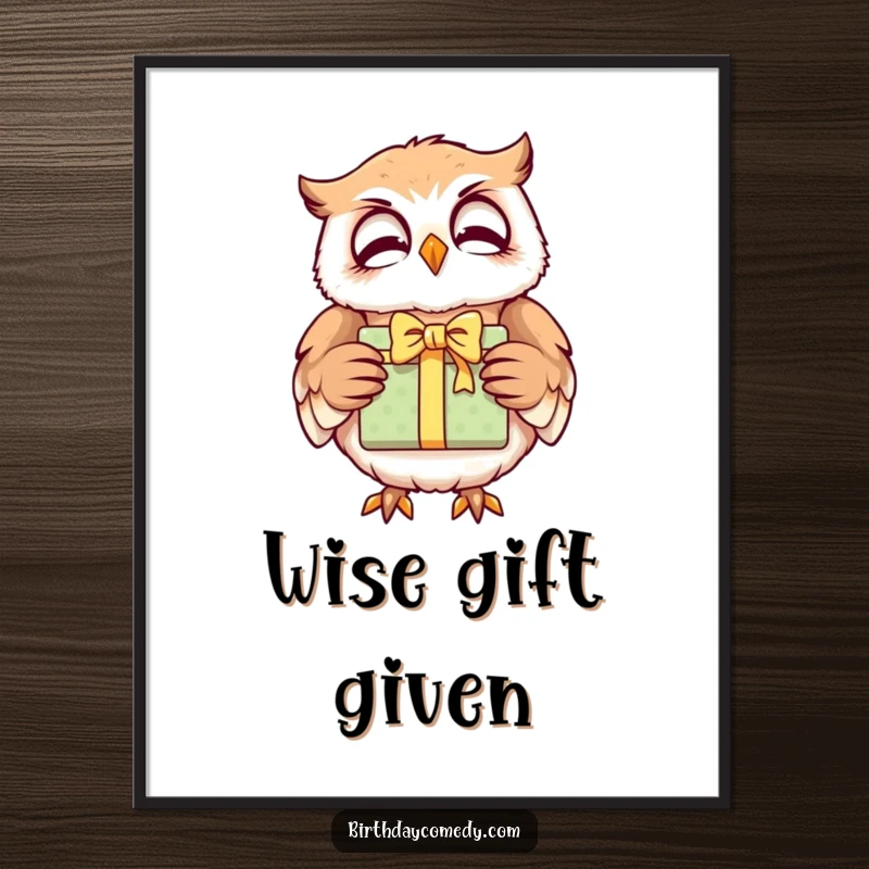 Funny owl digital art print, a giggling character holding a brightly wrapped gift, full of wise cheer.