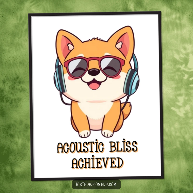 Funny Shiba Inu digital art print, retro headphones, head bobbing music, downloadable canine art, instant wall decor.