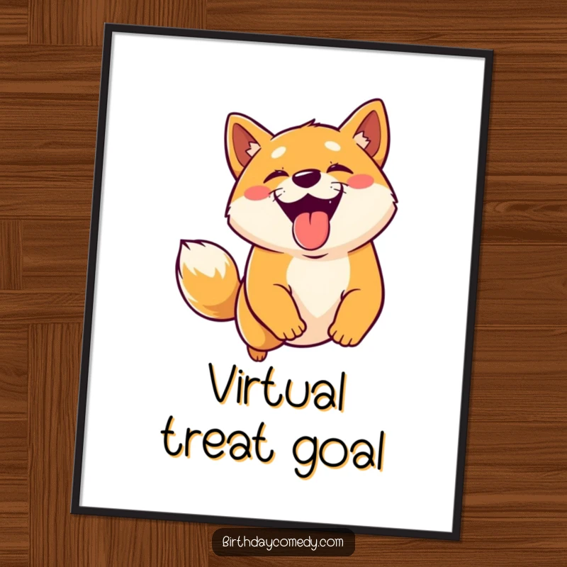 Funny Shiba Inu digital art print of a joyful dog with its tongue out, leaping energetically for a virtual treat.
