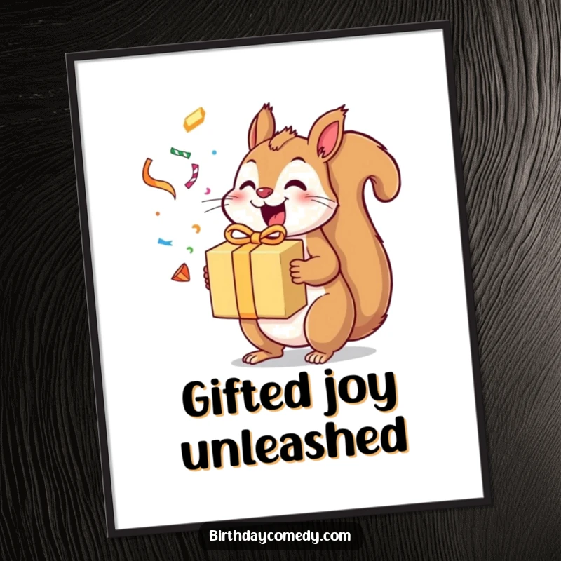 Funny squirrel digital art print of an excited squirrel holding a gift box with streamers flying, ready for instant framing.