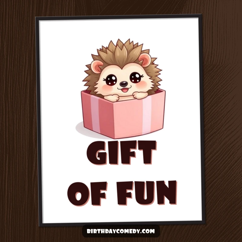 Funny hedgehog digital art print, a happy character rolling inside an open present box, full of excitement.