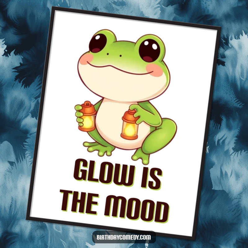 Funny digital art print of a smiling frog holding a miniature glowing lantern, ready to adorn any wall.