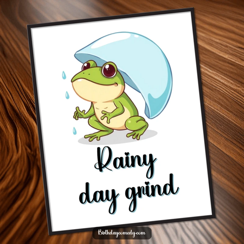 Funny frog digital art print of a determined frog comically pushing a giant raindrop uphill, a humorous and motivational artwork.