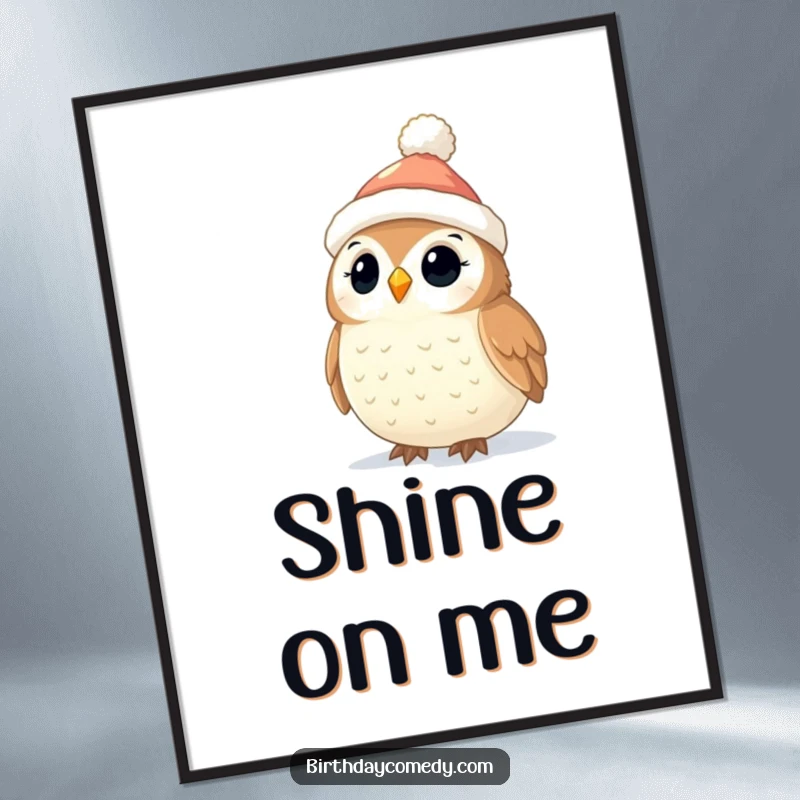 Funny Owl Christmas Digital Art Print: A captivating owl in a stocking cap looks up at a sky of twinkling holiday lights, printable joy.