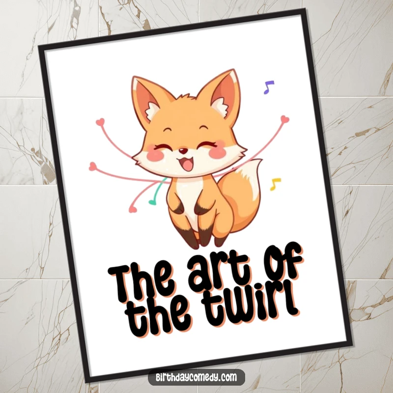 Funny fox digital art print, a happy fox twirling with streamers on its tail, vibrant and whimsical decor for instant smiles.