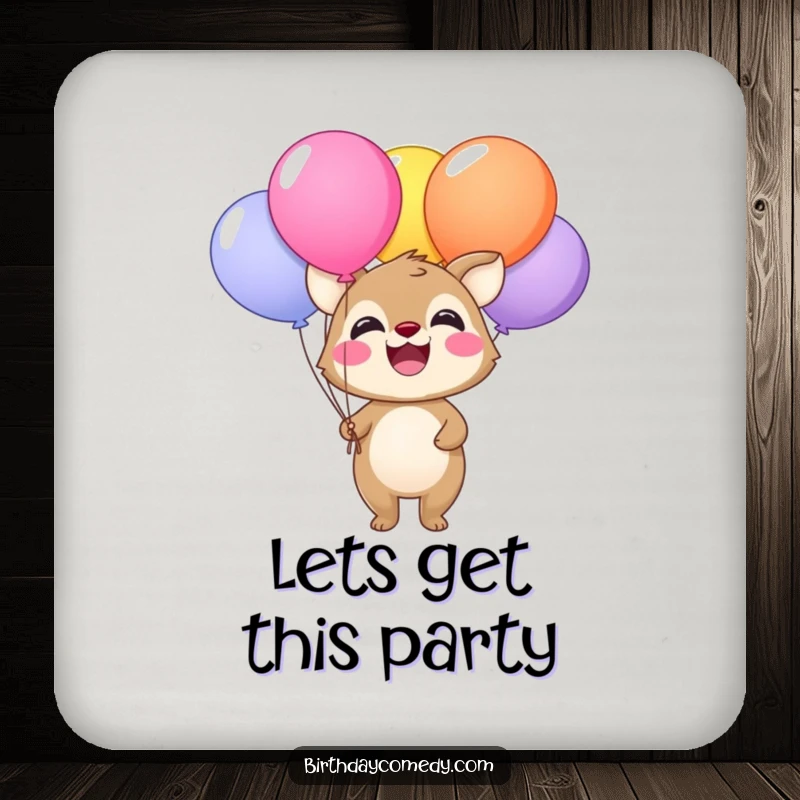 Funny drink coaster featuring a happy animal holding a bunch of colorful balloons, protecting surfaces with flair.