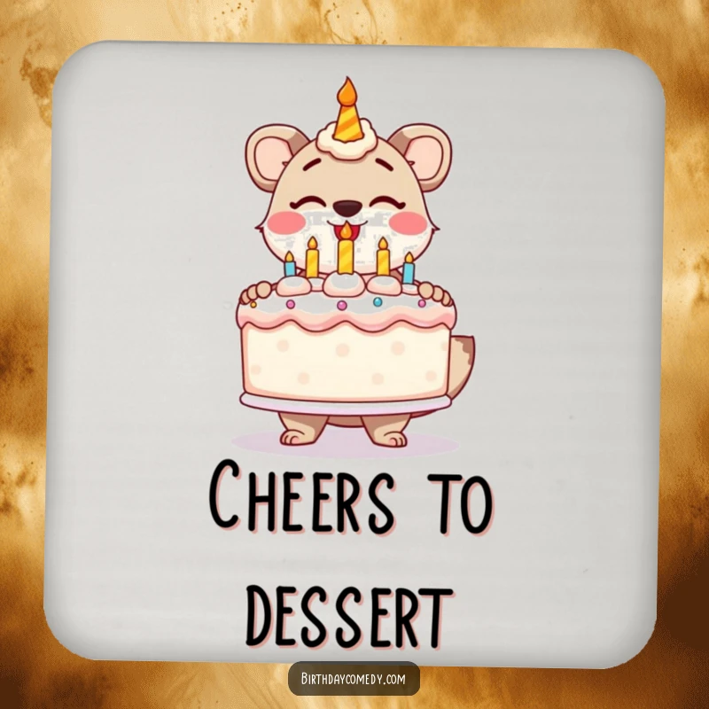 Funny drink coaster with a stylized animal gleefully presenting a giant, frosted birthday cake, for drinks.
