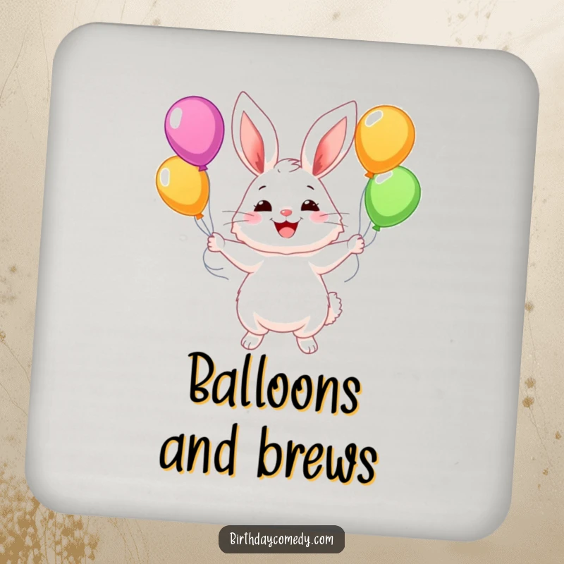 Funny drink coaster featuring a fluffy bunny with a wide smile, juggling colorful balloons, adding charm and protection.