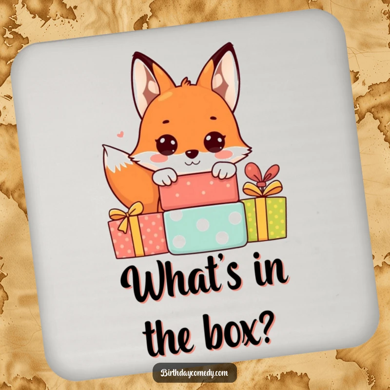 Funny fox drink coasters with a cheerful fox peeking from behind gift boxes, adding a playful touch to tabletops.